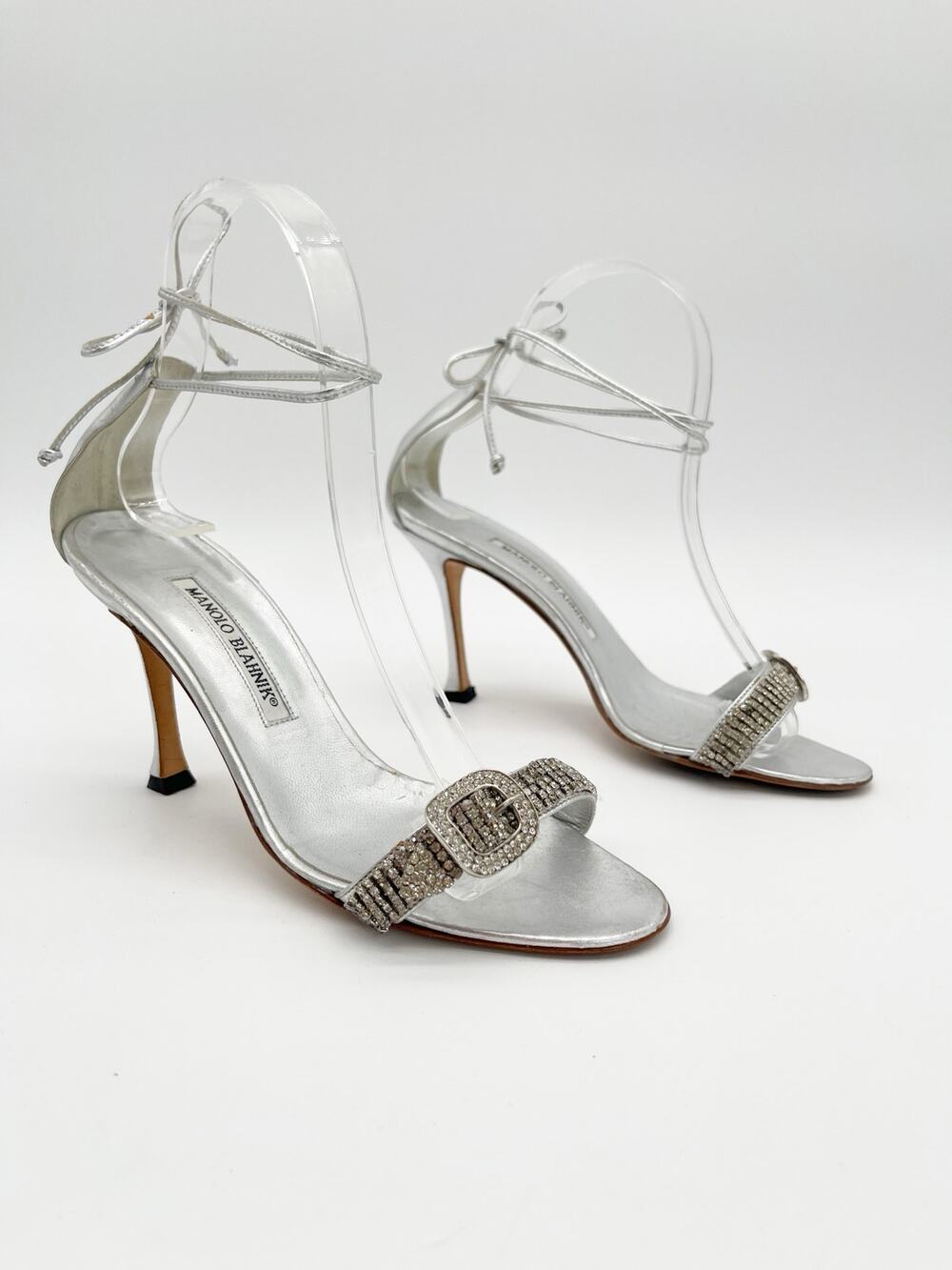 Manolo Blahnik Vintage Silver Leather Crystal Buckle Ankle Tie Sandals IT 36.5